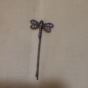 Dragonfly Hair Pin with Clear Rhinestones - Antique Silver Tone